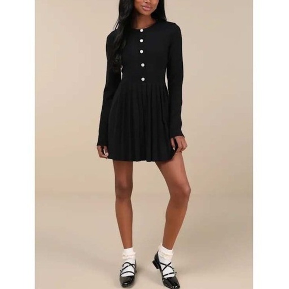 Lulus Black Ribbed Knit Button Front Pleated Skirt‎ Dress Size M - Picture 6 of 15